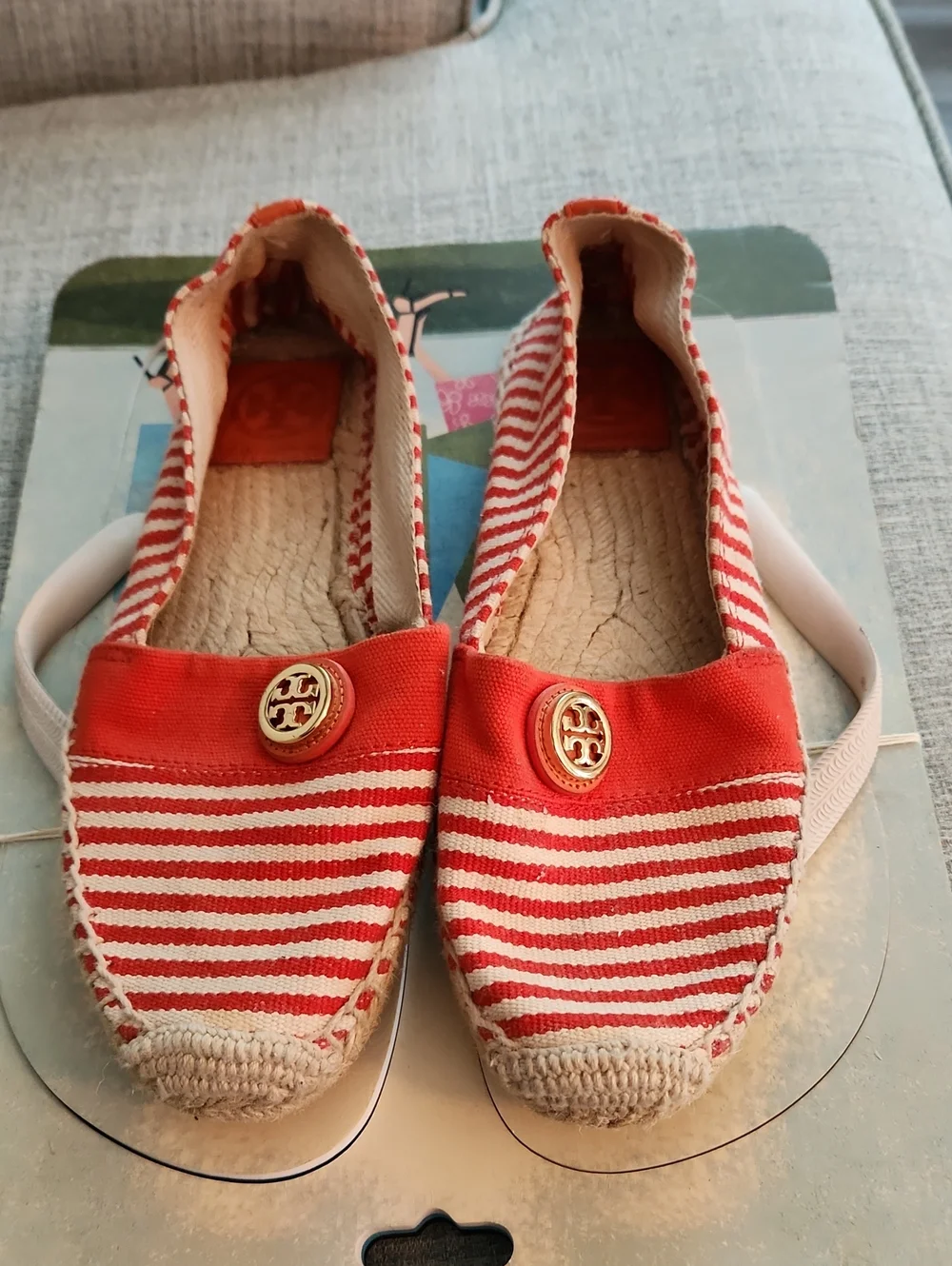 Tory Burch Red and White Striped Canvas Espadrille Flats with Gold Logo